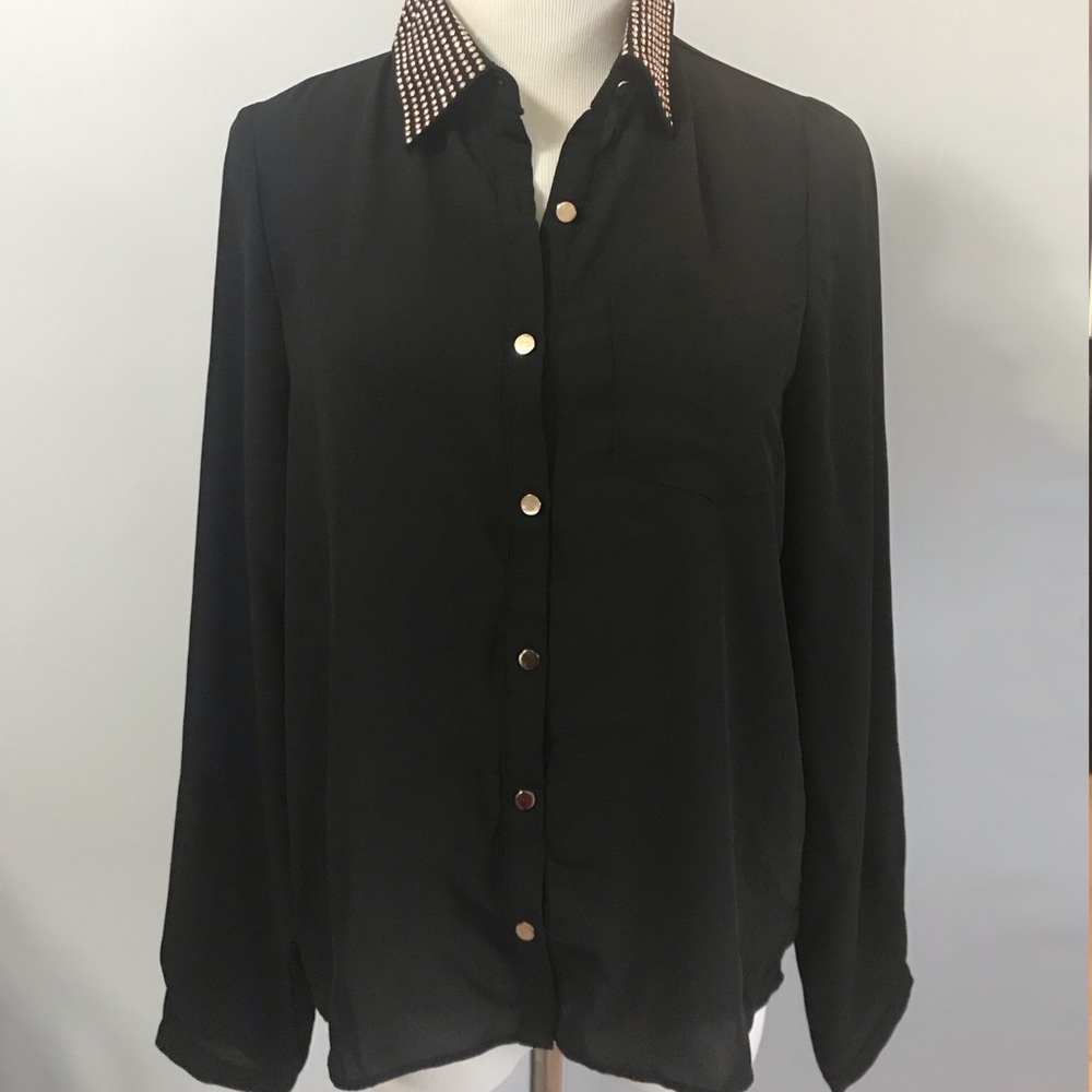 Black button down shirt with rose gold embellishes